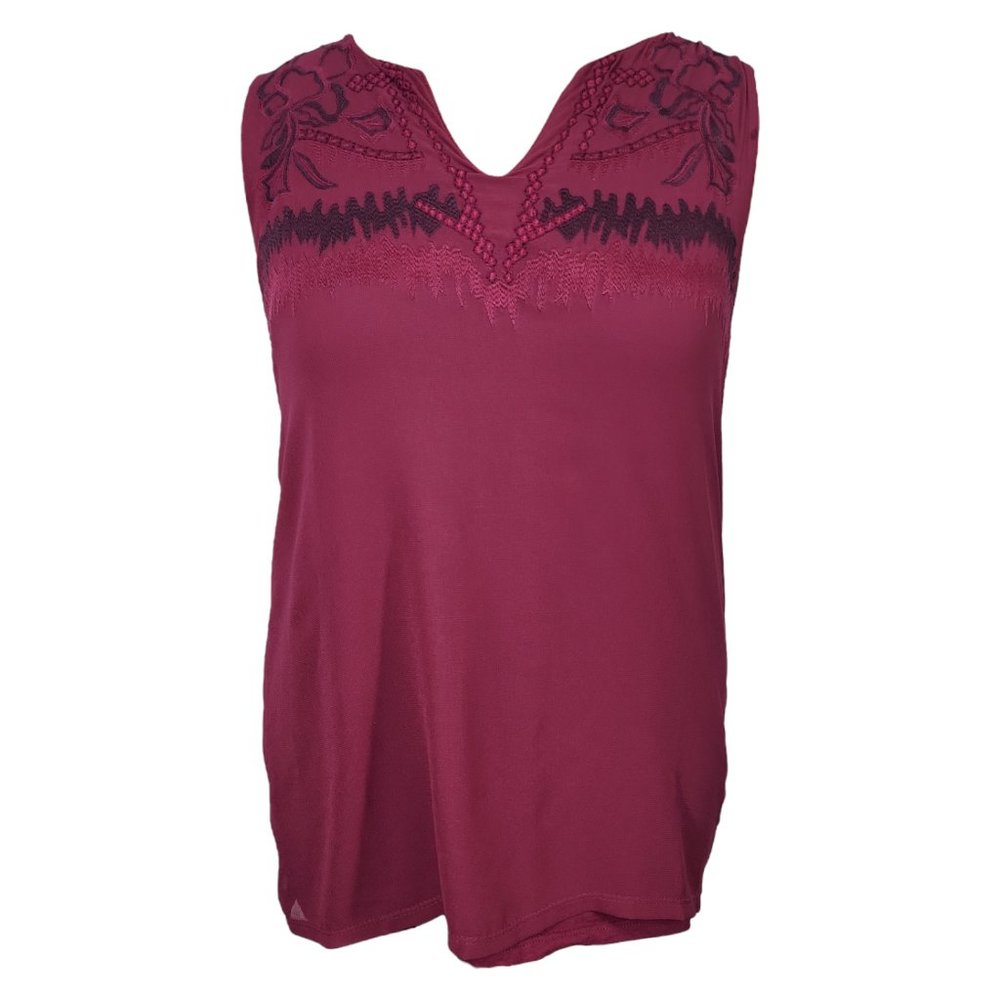 Coldwater Creek Embroidered Tank Top Shirt Sheer Overlay Purple Navy Large